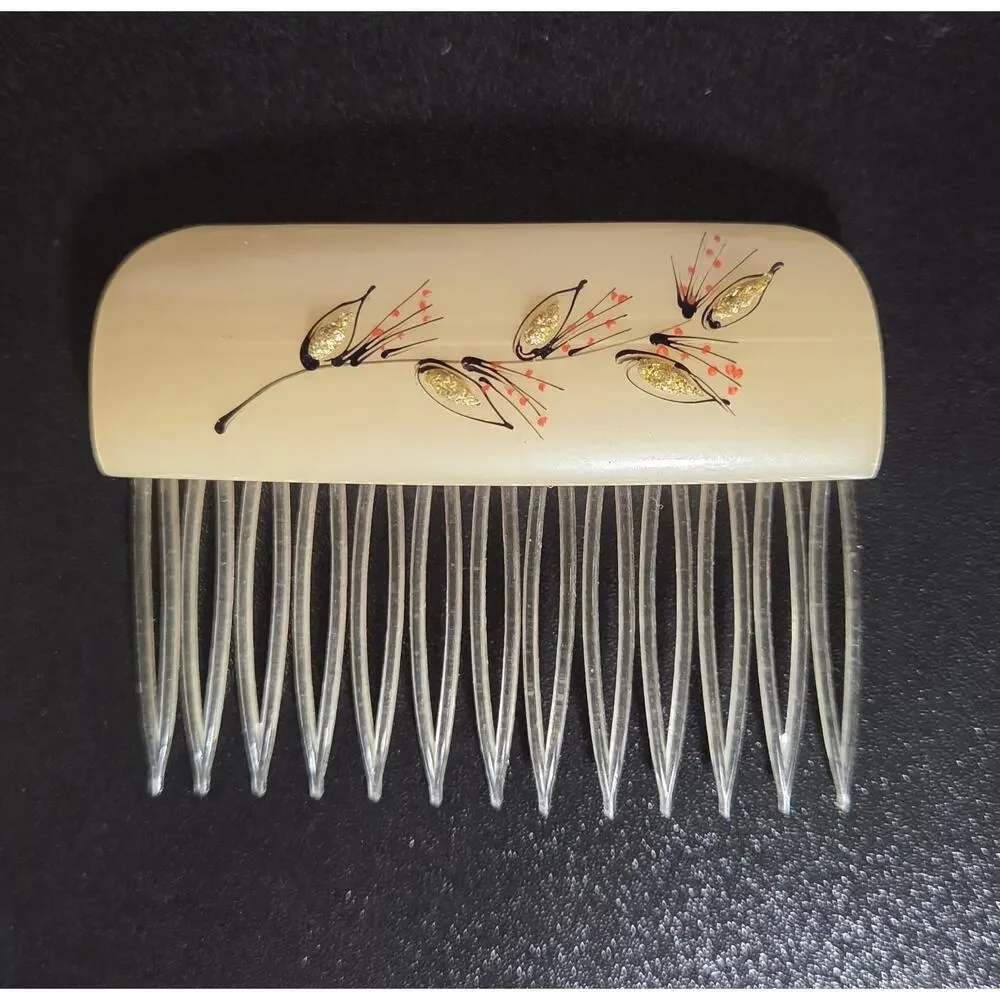 Vintage Hair Combs 1960s Acrylic or Celluloid Hand Painted Glitter Accents